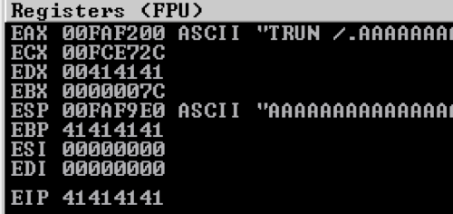 Registers in Immunity Debugger showing the EIP register containing A characters