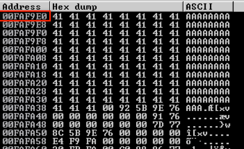 Memory dump in Immunity Debugger showing the A characters stored in the stack