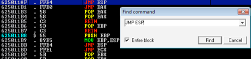 Searching for a JMP ESP instruction in Immunity Debugger