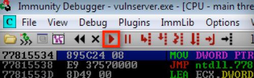 Running the VulnServer process in Immunity Debugger