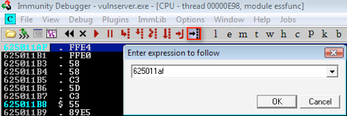 Setting a breakpoint at the JMP ESP address in Immunity Debugger