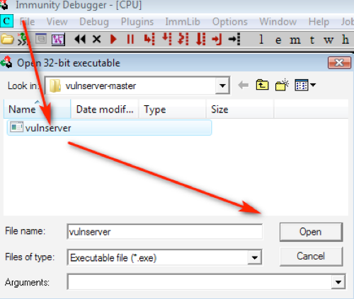 Attaching the VulnServer process in Immunity Debugger