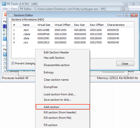 Adding a new section in PE Tools