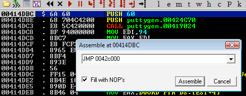 Setting a JMP instruction to the new section