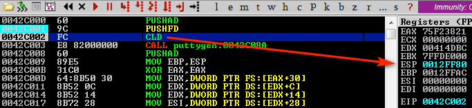 Setting a breakpoint at the PUSHFD instruction