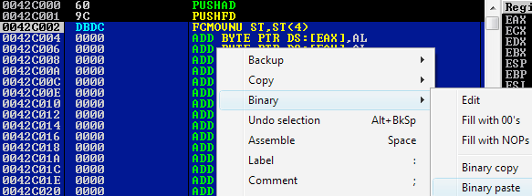 Binary pasting shellcode into the debugger