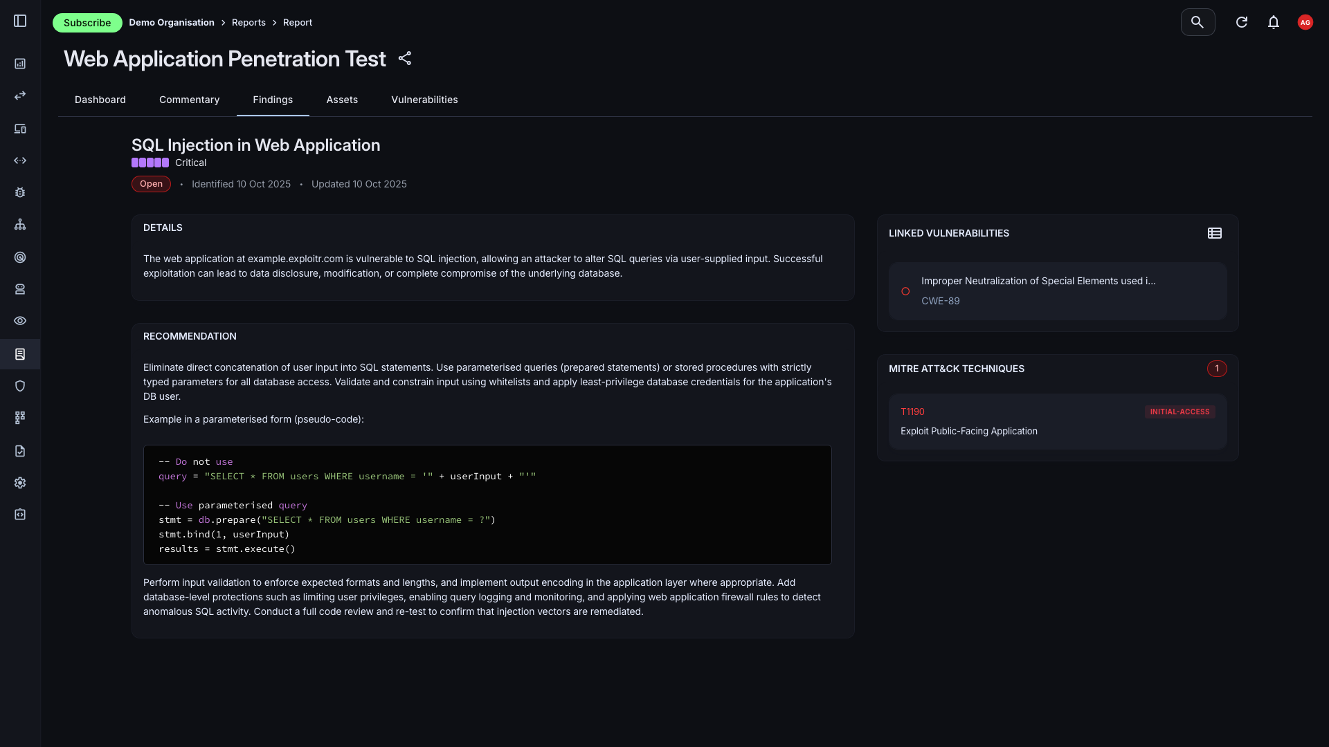 Penetration test findings tracked and reported in the Attack Surface Center platform