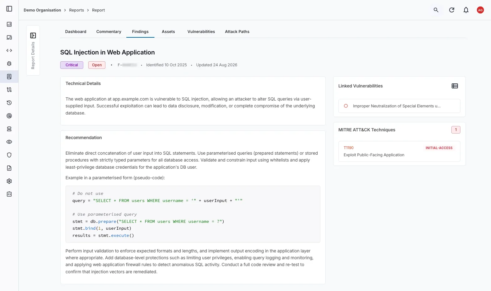 Pentest report finding details showing technical description, remediation guidance, and MITRE ATT&CK technique mapping