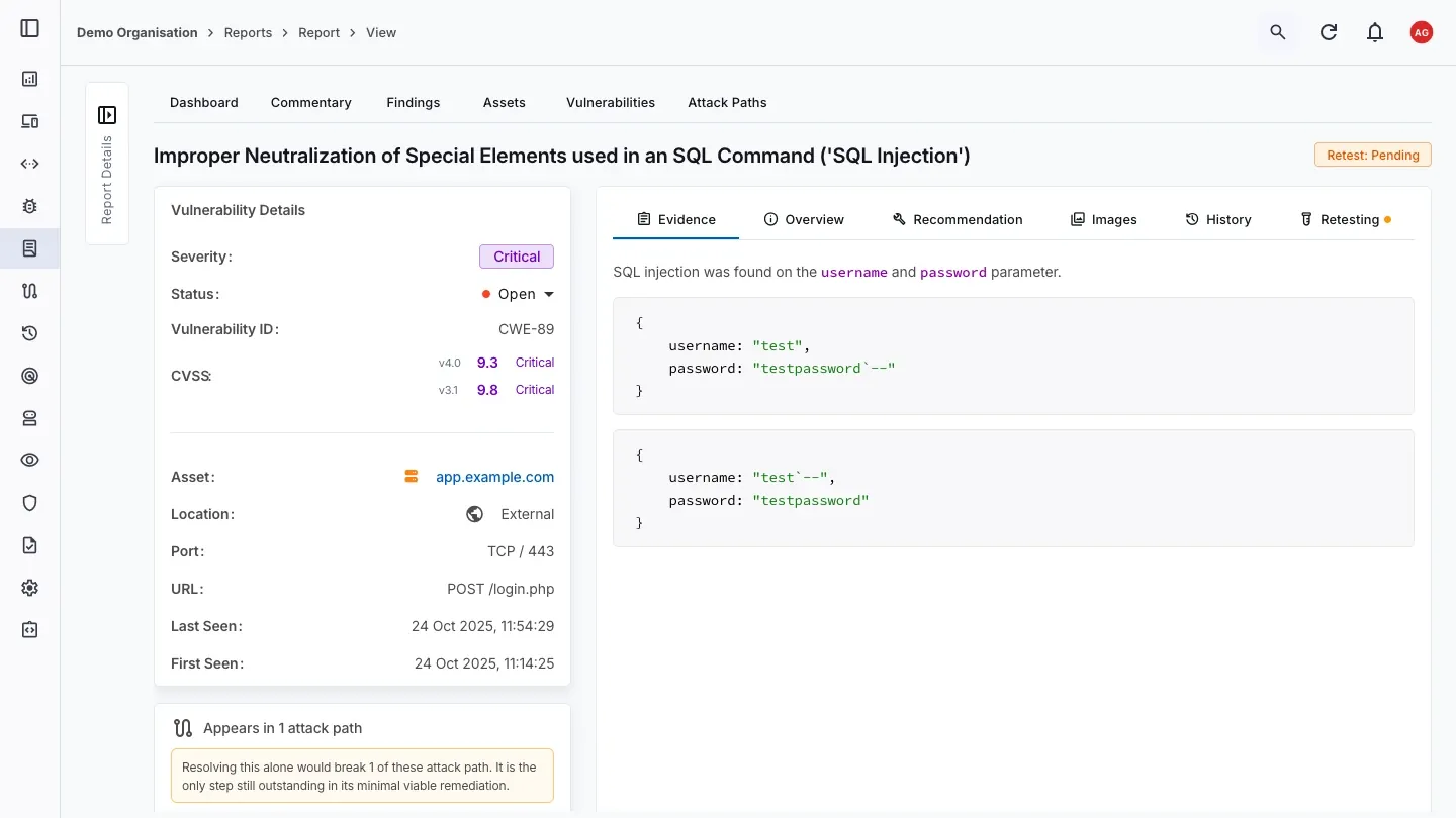 Pentest report vulnerability detail showing CVSS scores, affected asset, and attached evidence